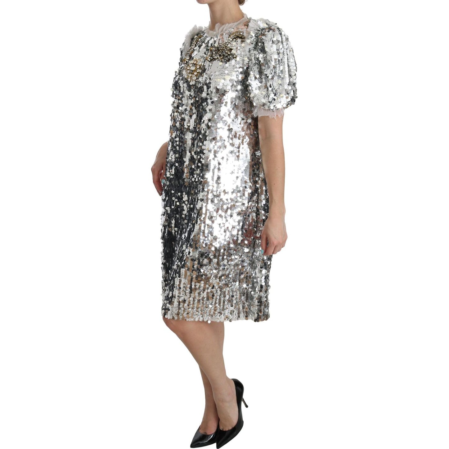 Dolce & Gabbana Silver Sequined Crystal Shift Gown Dress DR2045-40