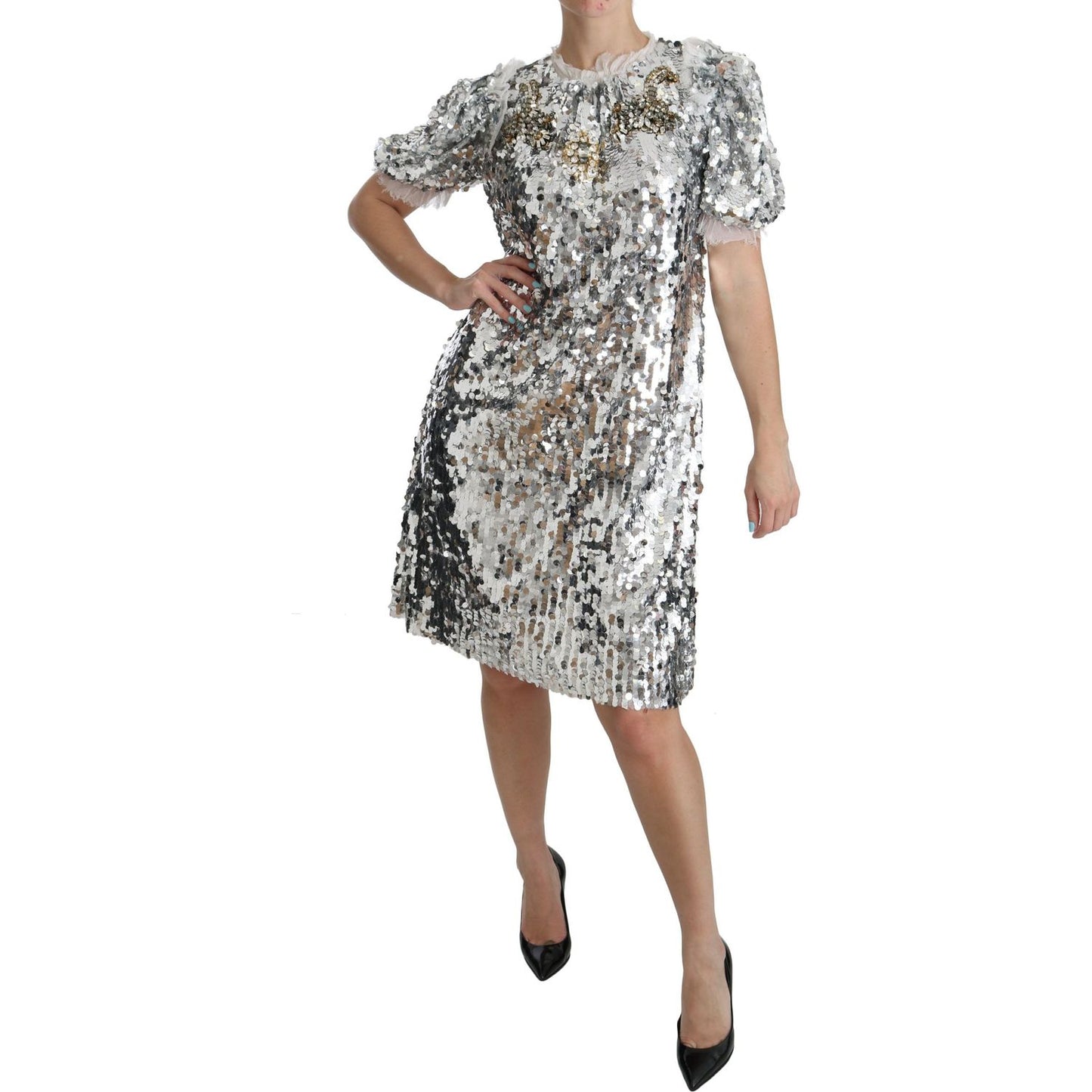 Dolce & Gabbana Silver Sequined Crystal Shift Gown Dress DR2045-40