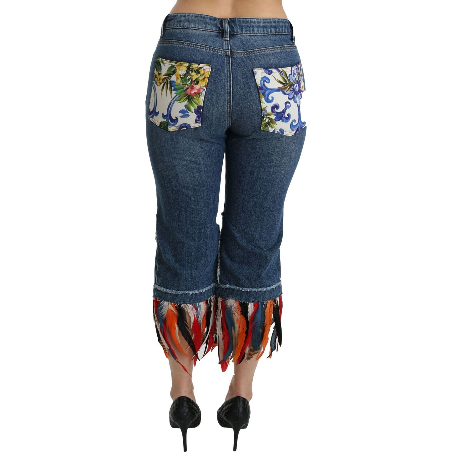 Dolce & Gabbana Blue Feathers Low Waist Cropped Cotton Jeans PAN70867-36