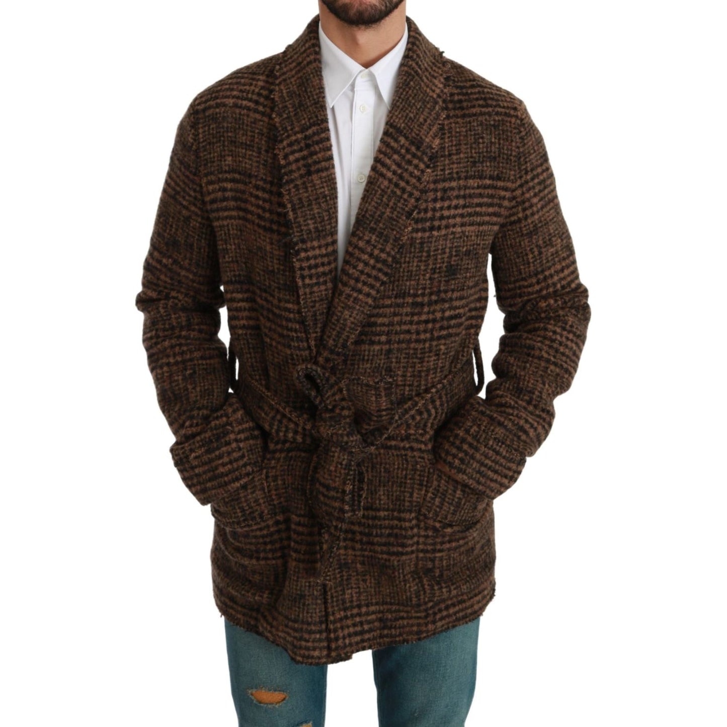 Dolce & Gabbana Brown Checkered Wool Robe Coat Wrap Jacket JKT2623-44