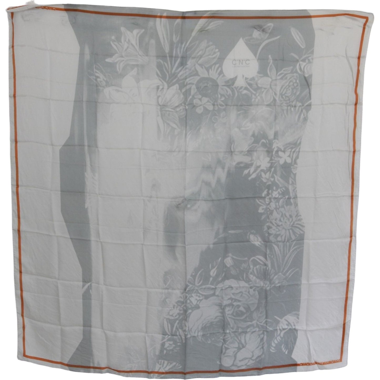 Costume National Gray Orange Silk Floral Foulard Wrap Scarf BGMS1643