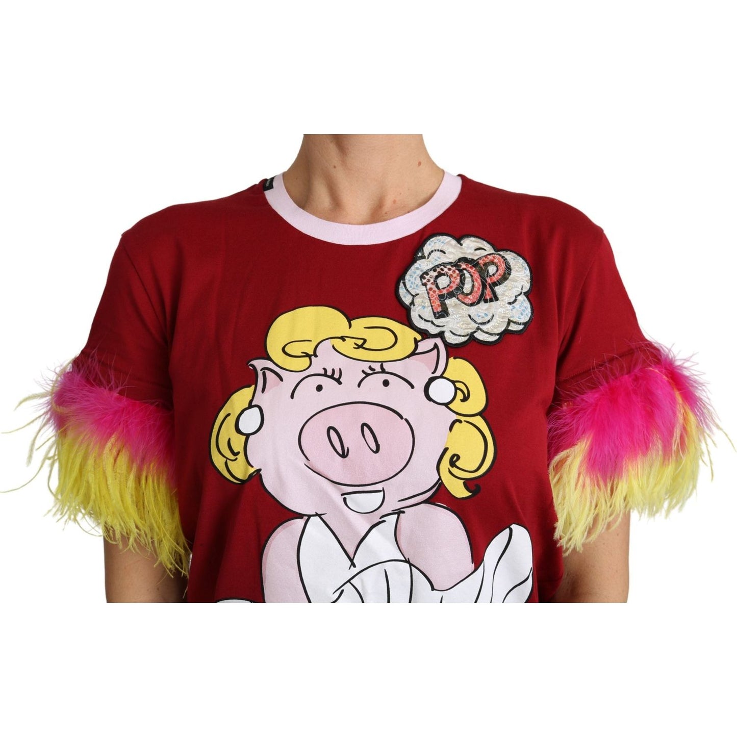 Dolce & Gabbana Red Pig Print Feather Sleeves T-shirt Top TSH4846-36
