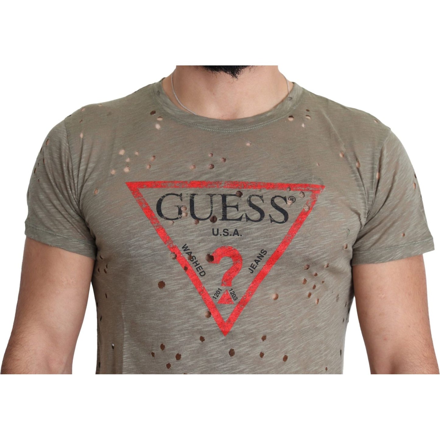 Guess Brown Cotton Stretch Logo Print Men Casual Perforated T-shirt TSH5083-L