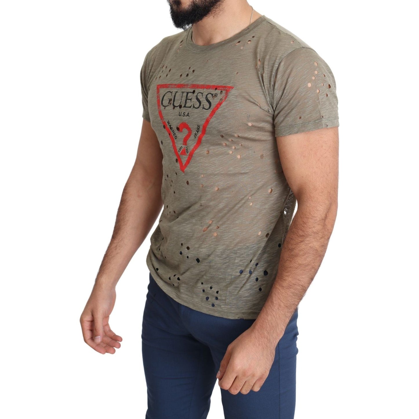 Guess Brown Cotton Stretch Logo Print Men Casual Perforated T-shirt TSH5083-L