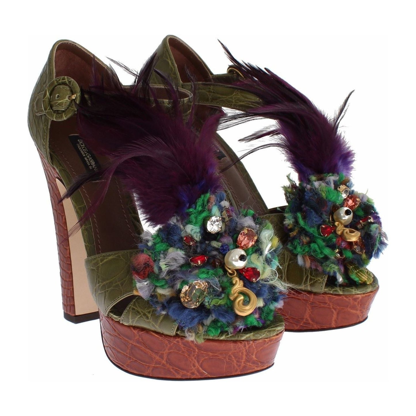 Dolce & Gabbana Green Leather Crystal Platform Sandal Shoes LA1118-35