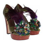 Dolce & Gabbana Green Leather Crystal Platform Sandal Shoes LA1118-35