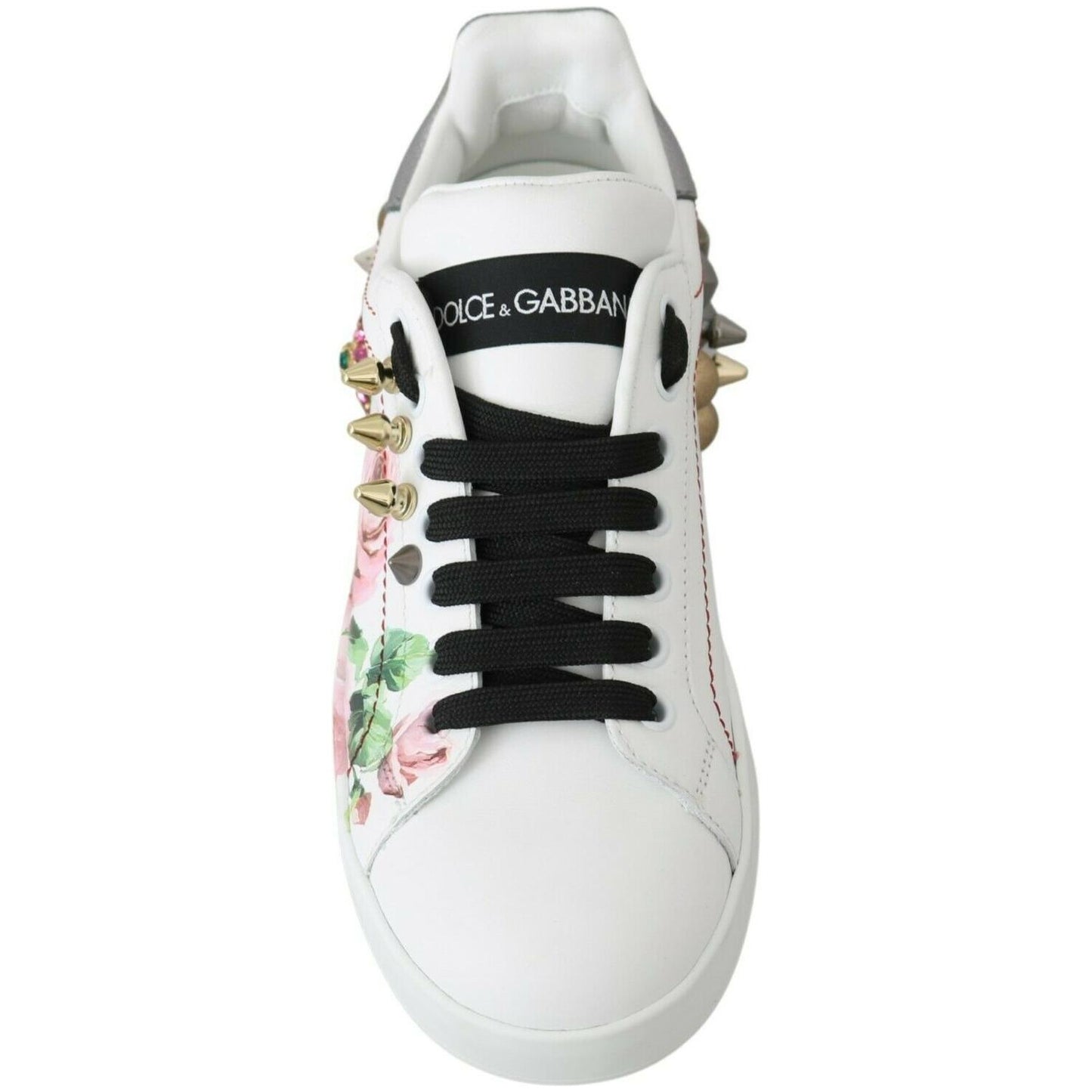 Dolce & Gabbana White Leather Crystal Roses Floral Sneakers Shoes LA6691-35