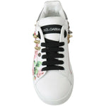 Dolce & Gabbana White Leather Crystal Roses Floral Sneakers Shoes LA6691-35