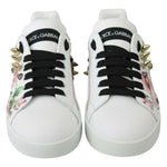Dolce & Gabbana White Leather Crystal Roses Floral Sneakers Shoes LA6691-35