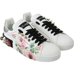Dolce & Gabbana White Leather Crystal Roses Floral Sneakers Shoes LA6691-35