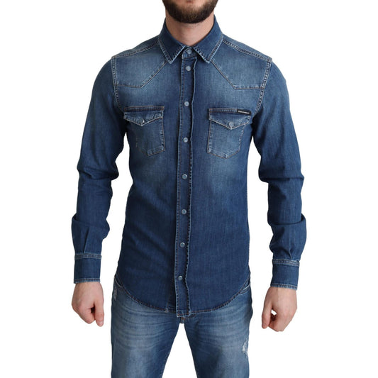 Dolce & Gabbana Blue Cotton Stretch Long Sleeves Denim Shirt