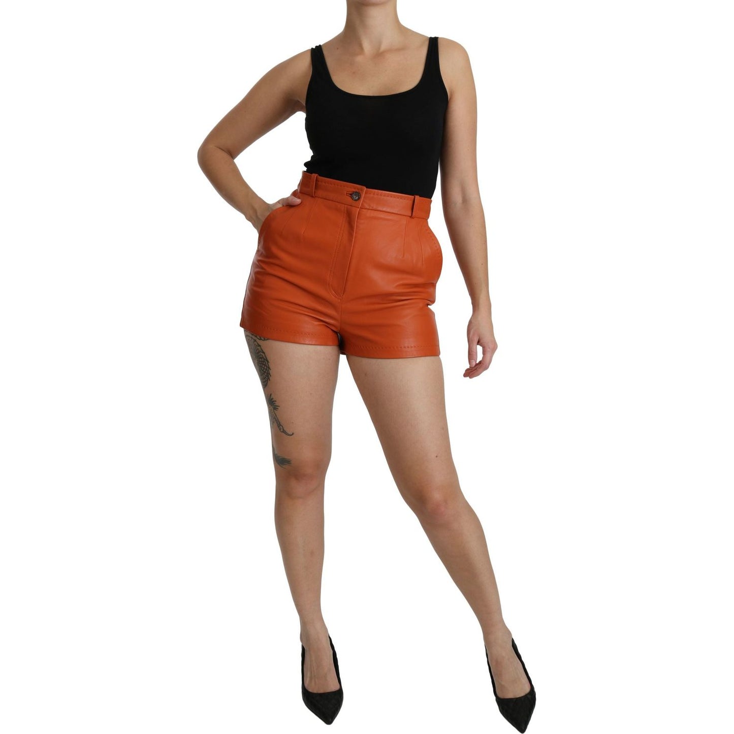 Dolce & Gabbana Orange Leather High Waist Hot Pants Shorts Shorts