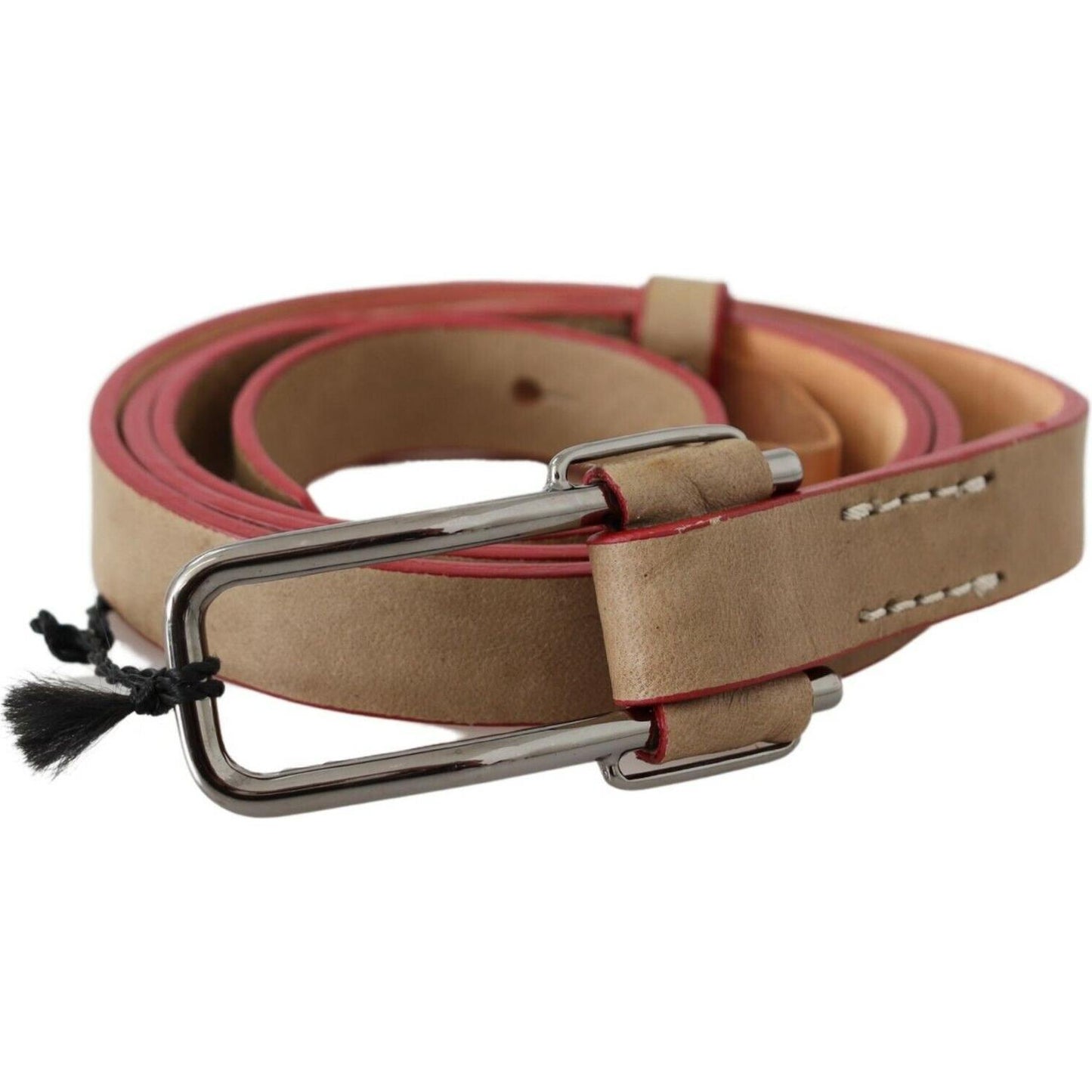 Costume National Beige Leather Silver Logo Buckle Waist Belt BEL61071-85