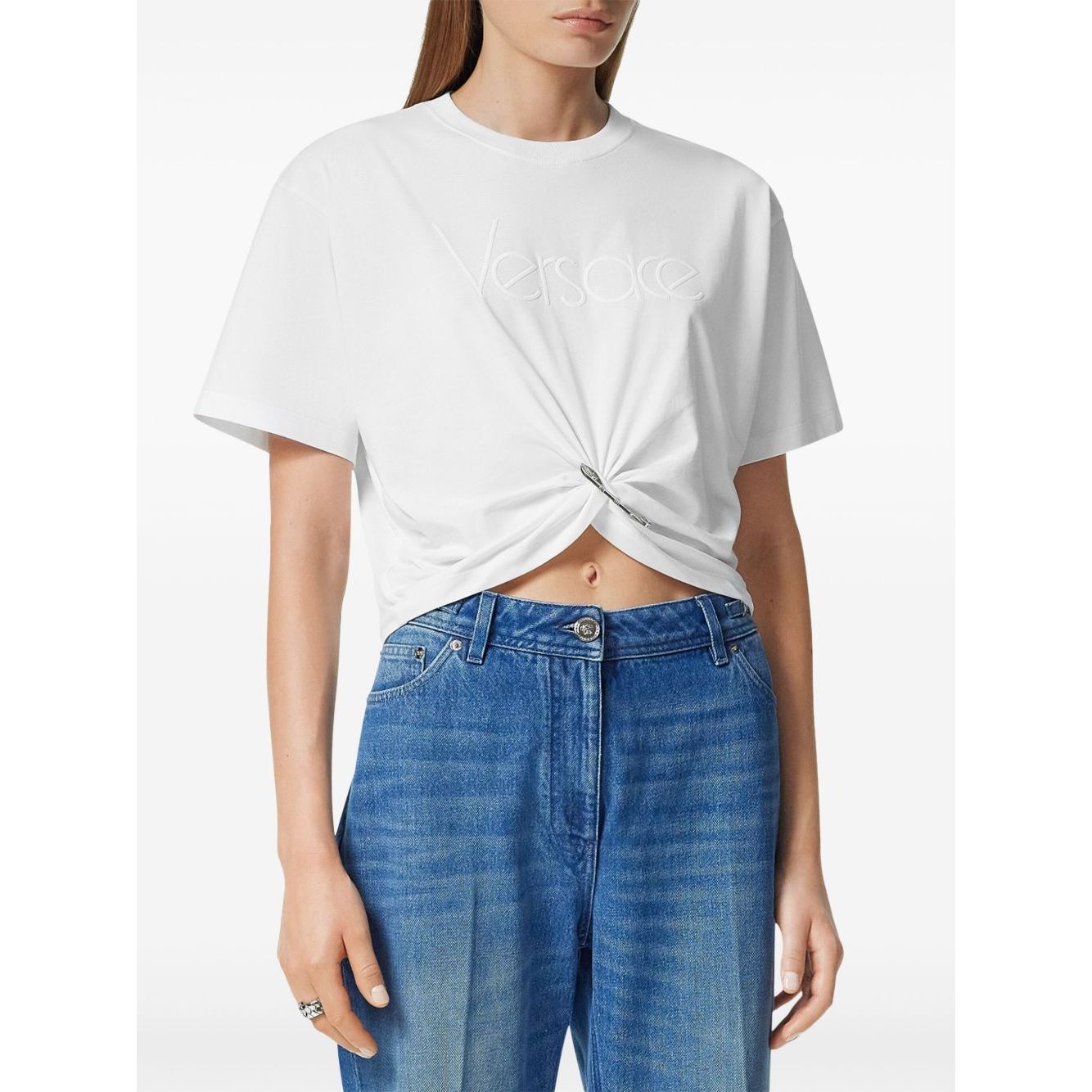 Versace logo-embroidered T-shirt in white