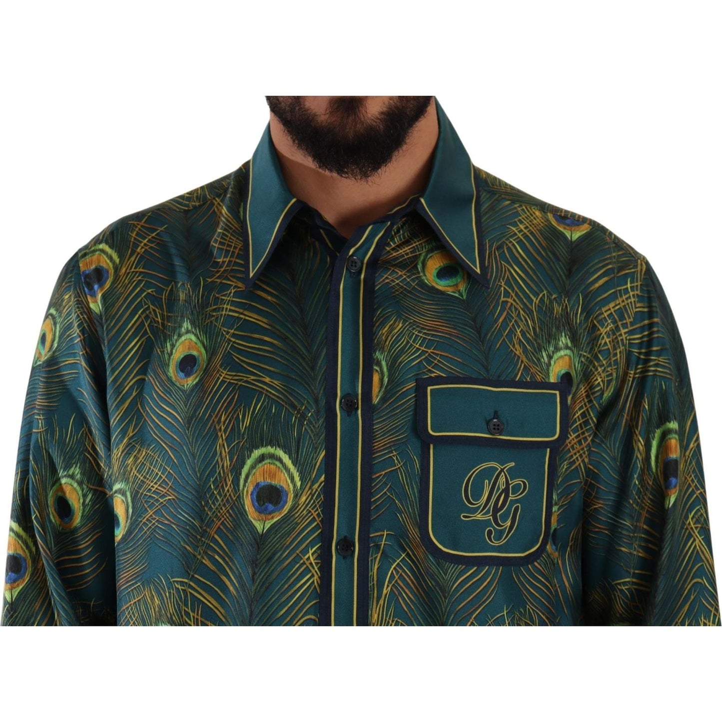 Dolce & Gabbana Peacock Feather Print Silk Pajama Mens Shirt TSH7542- 40