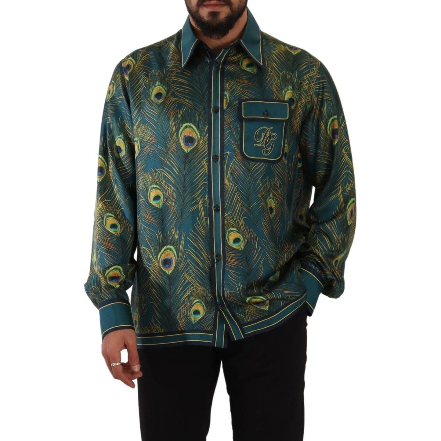 Dolce & Gabbana Peacock Feather Print Silk Pajama Mens Shirt TSH7542- 40