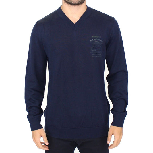 Ermanno Scervino Blue Wool Blend V-neck Pullover Sweater