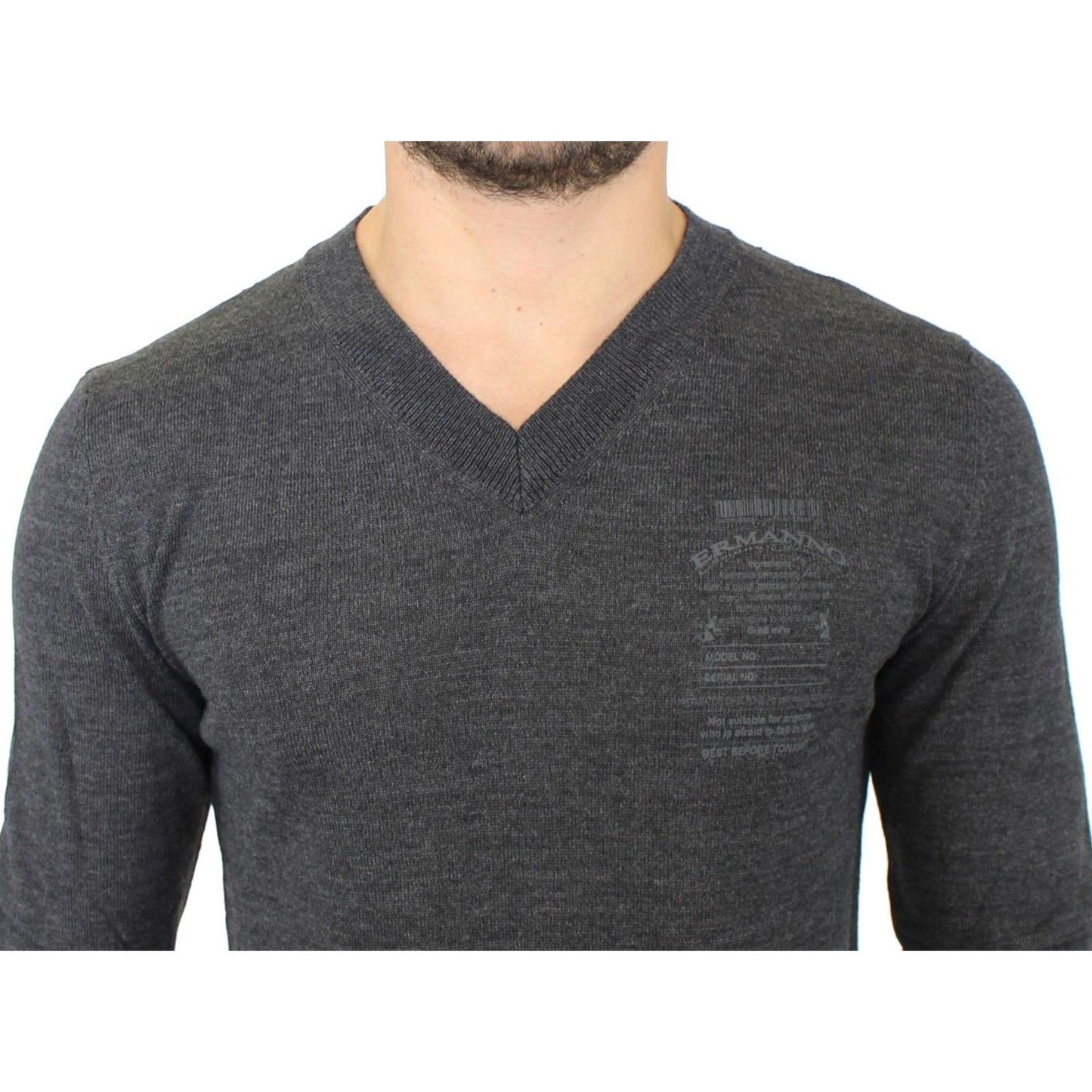 Ermanno Scervino Gray Wool Blend V-neck Pullover Sweater Ermanno Scervino