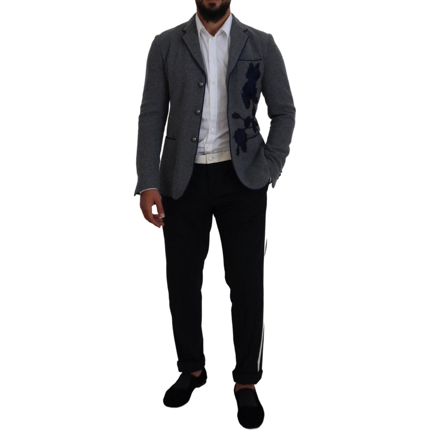 Dolce & Gabbana Gray Wool Roses Slim Fit Jacket Blazer KOS2111- 44