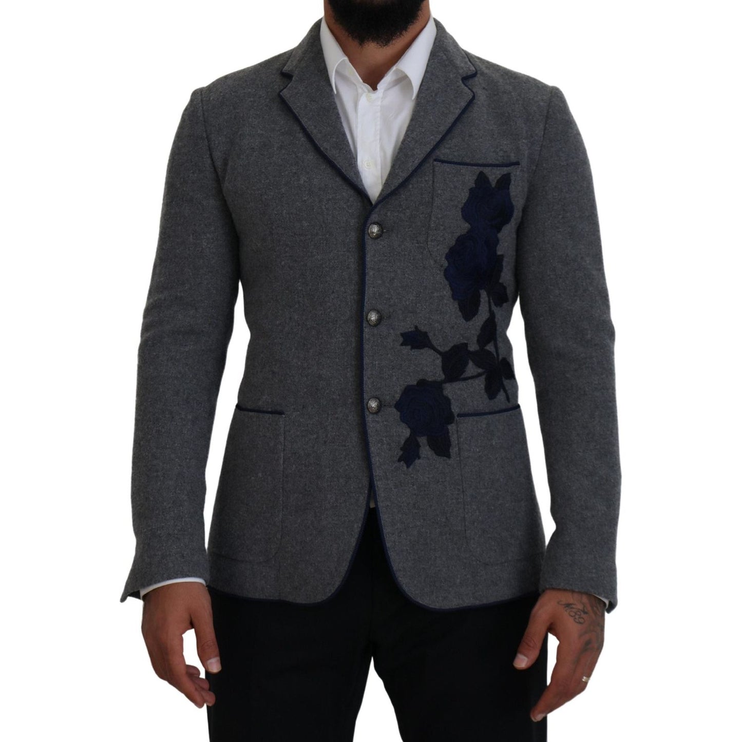 Dolce & Gabbana Gray Wool Roses Slim Fit Jacket Blazer KOS2111- 44