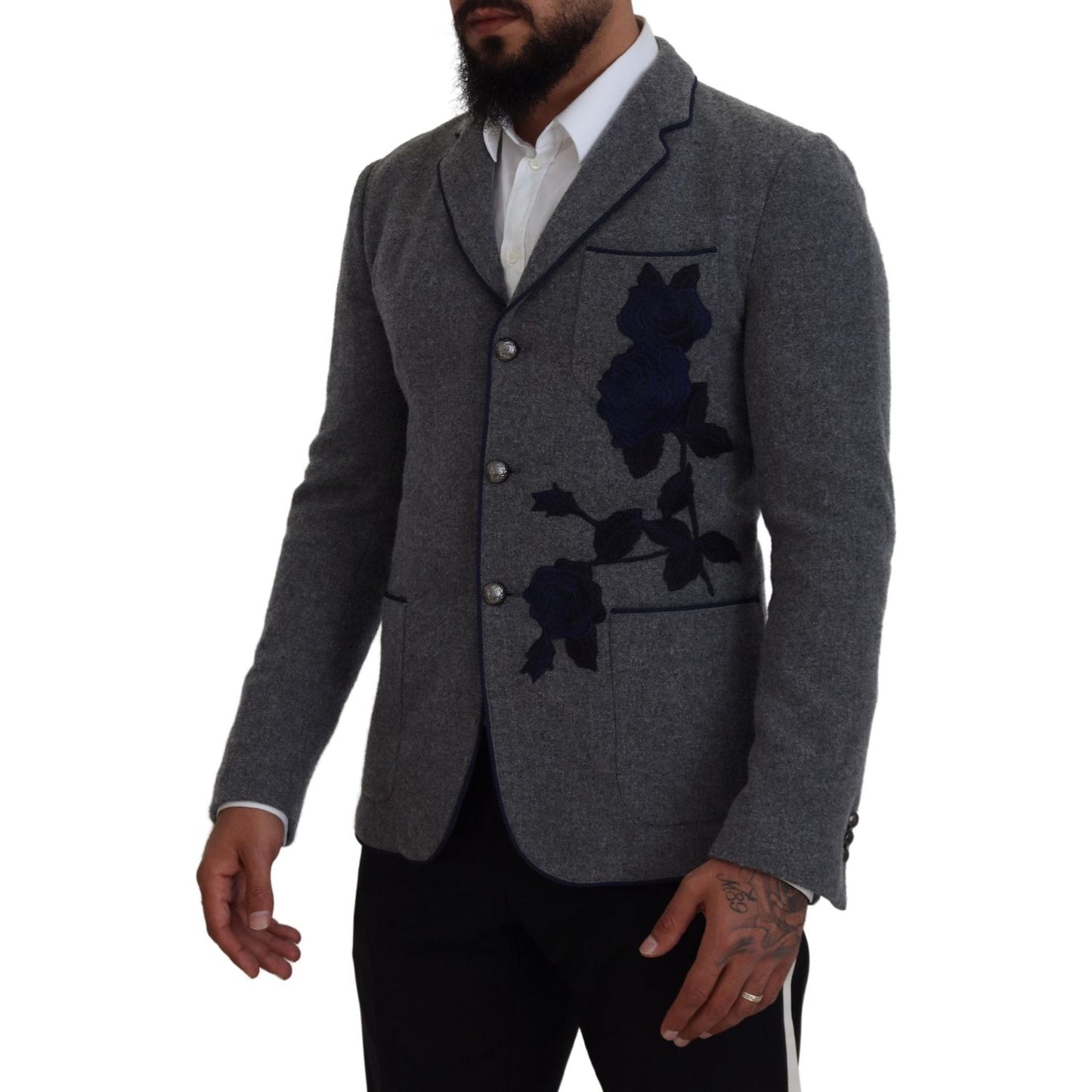 Dolce & Gabbana Gray Wool Roses Slim Fit Jacket Blazer KOS2111- 44