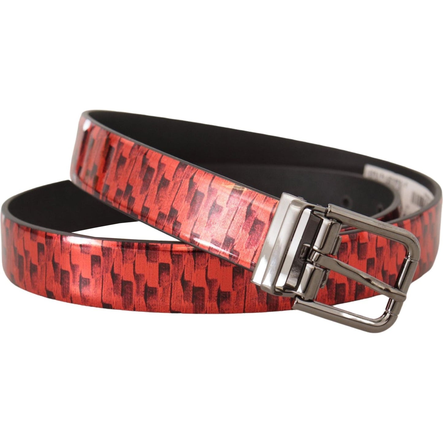 Dolce & Gabbana Red Herringbone Leather Gray Tone Buckle Belt BEL8462-90