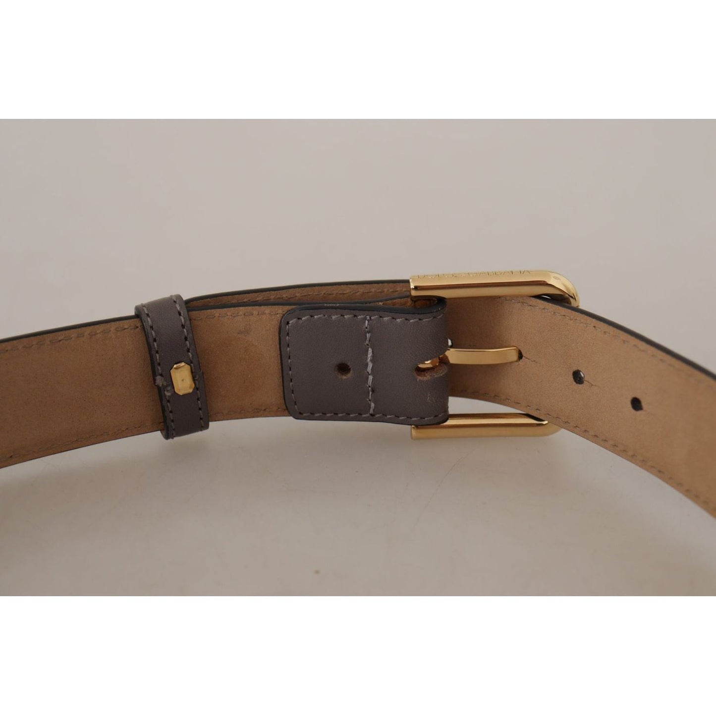 Dolce & Gabbana Gray Calfskin Leather Gold Metal Logo Buckle Belt