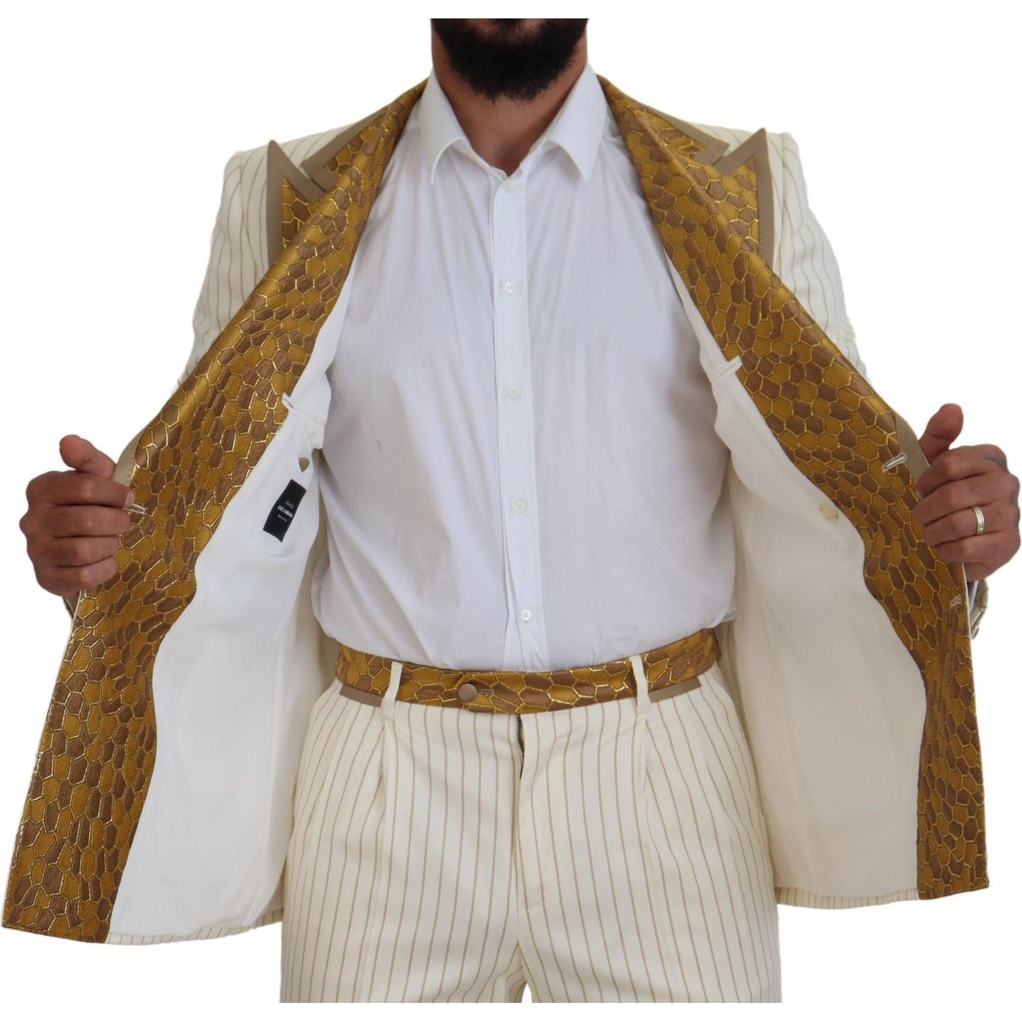 Dolce & Gabbana Off White Gold Striped Tuxedo Slim Fit Suit KOS2116- 46