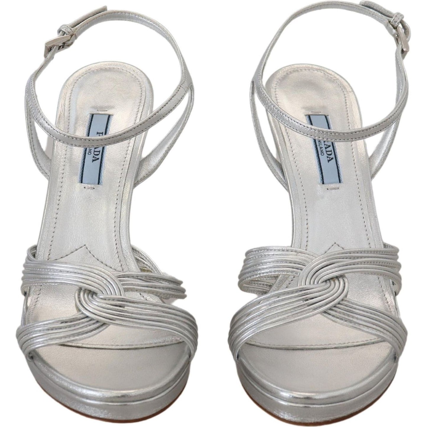 Prada Silver Leather Sandals Ankle Strap Heels Stiletto LA10140- 38.5
