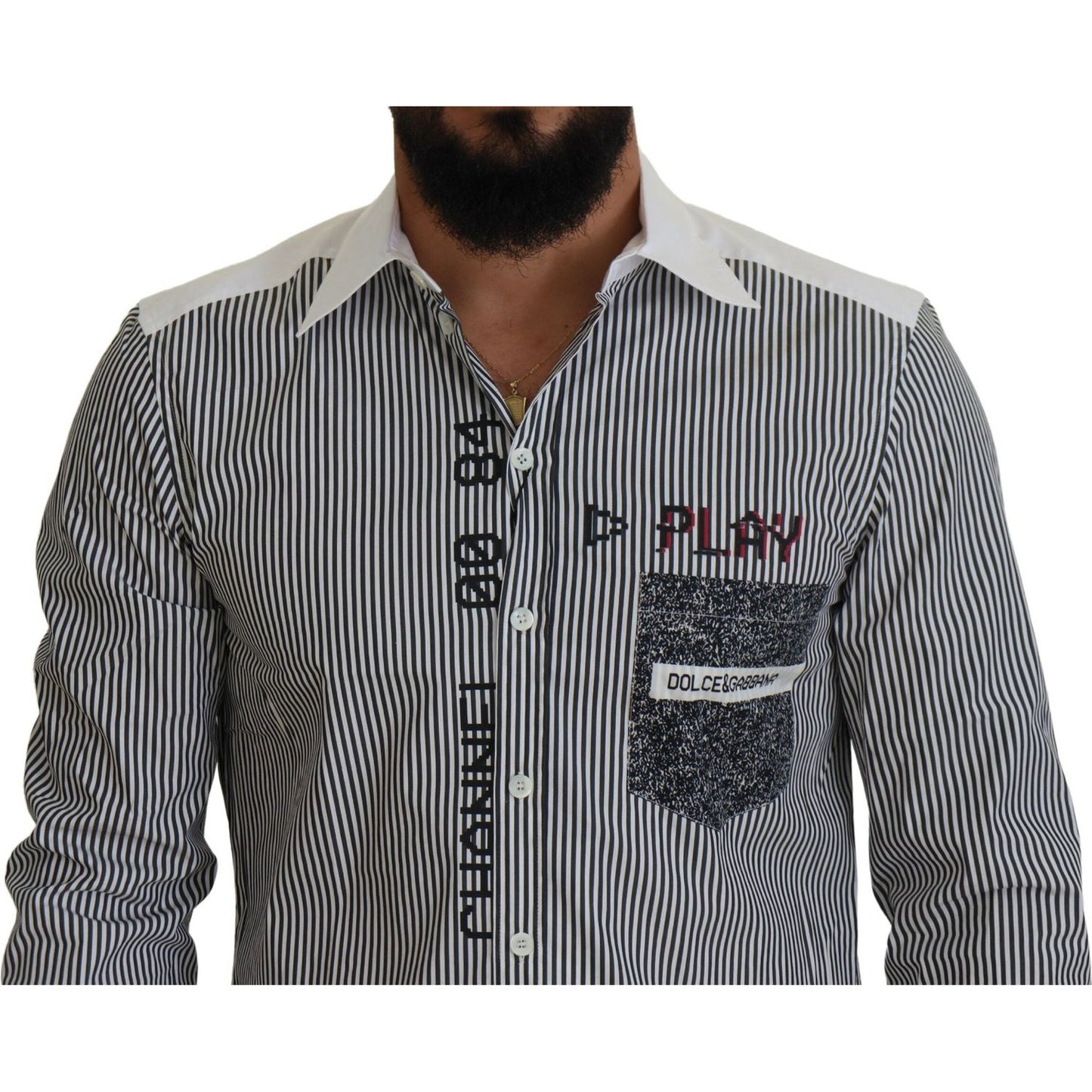 Dolce & Gabbana Gray White Striped Slim Fit Shirt TSH83870- 37