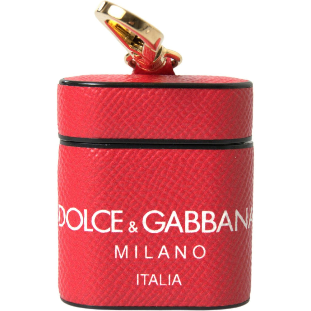 Dolce & Gabbana Red Leather Gold Tone Metal Logo Print Strap Airpods Case SMY101184
