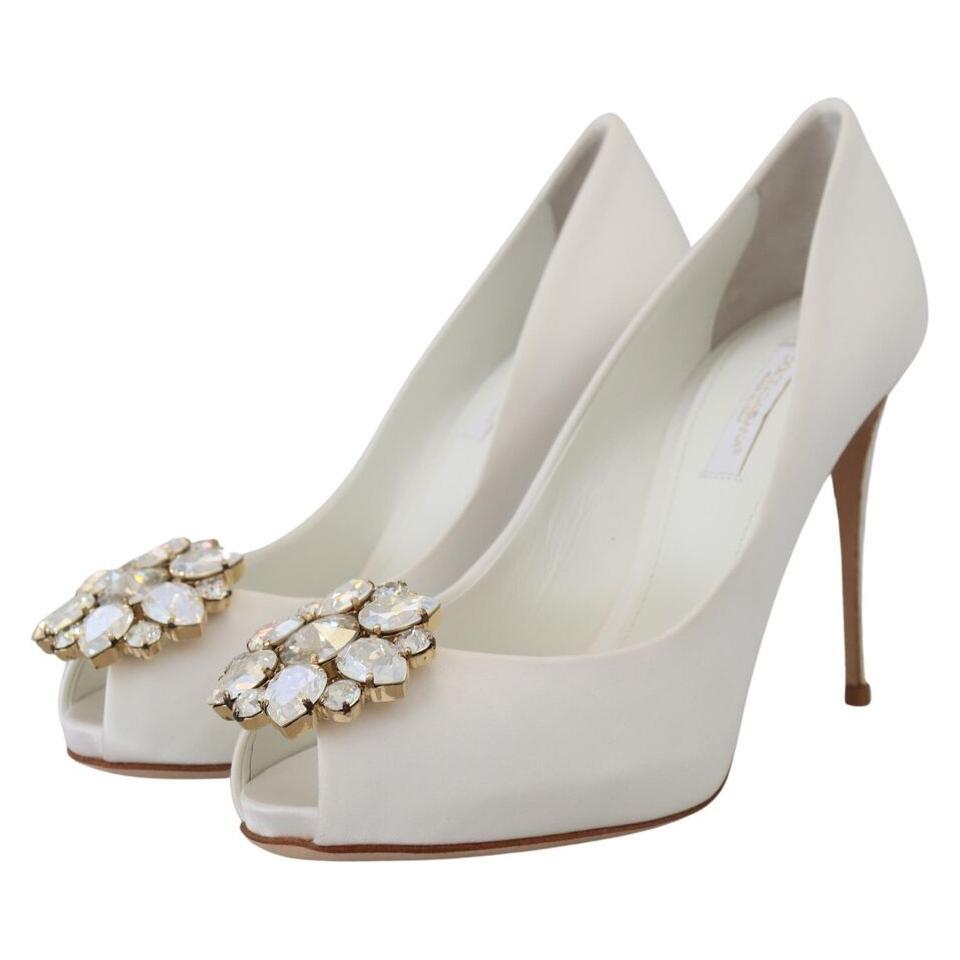 Dolce & Gabbana White Crystals Peep Toe Heel Satin Pumps LA1980-36