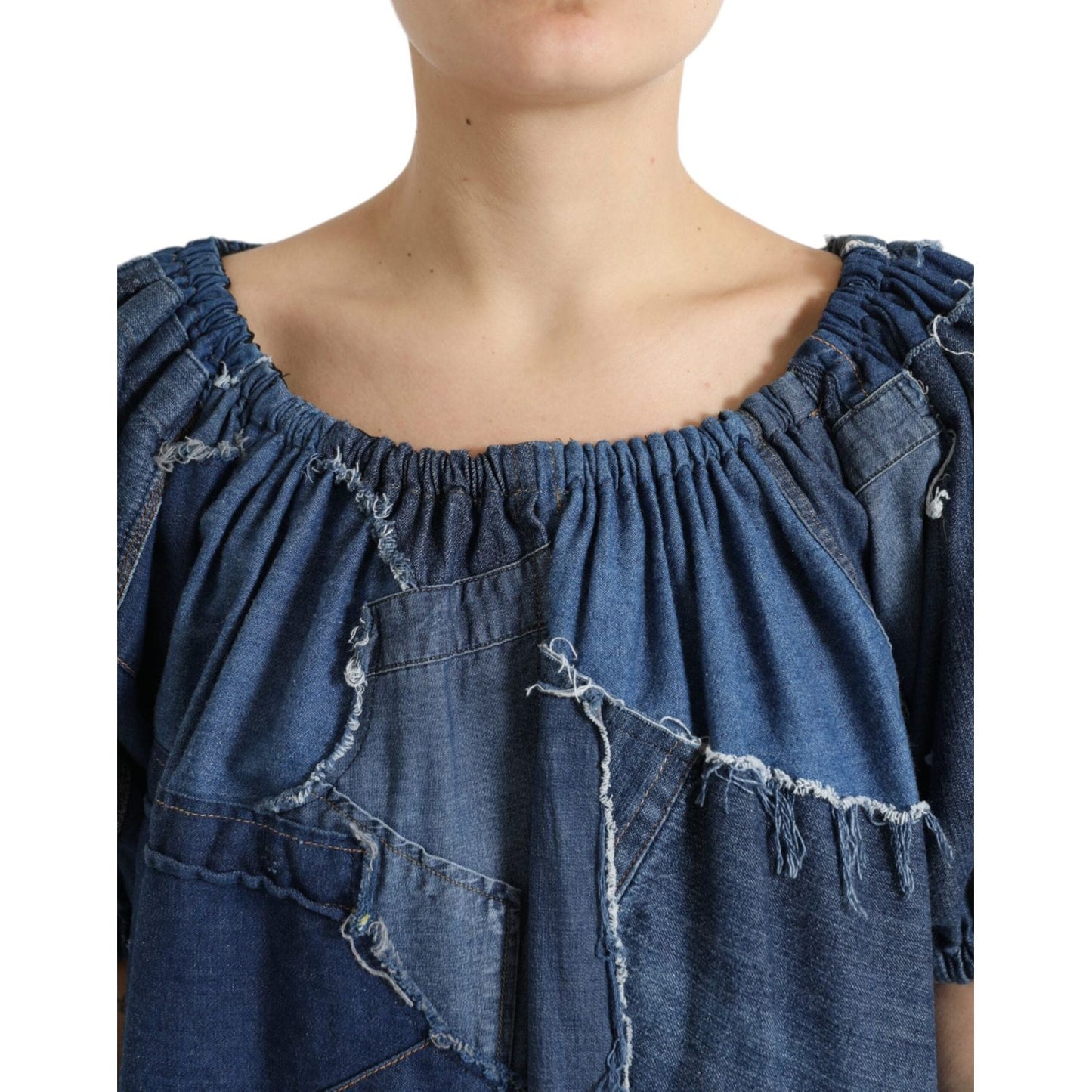 Dolce & Gabbana Blue Patchwork Short Sleeves Denim Blouse Top TSH84269-40