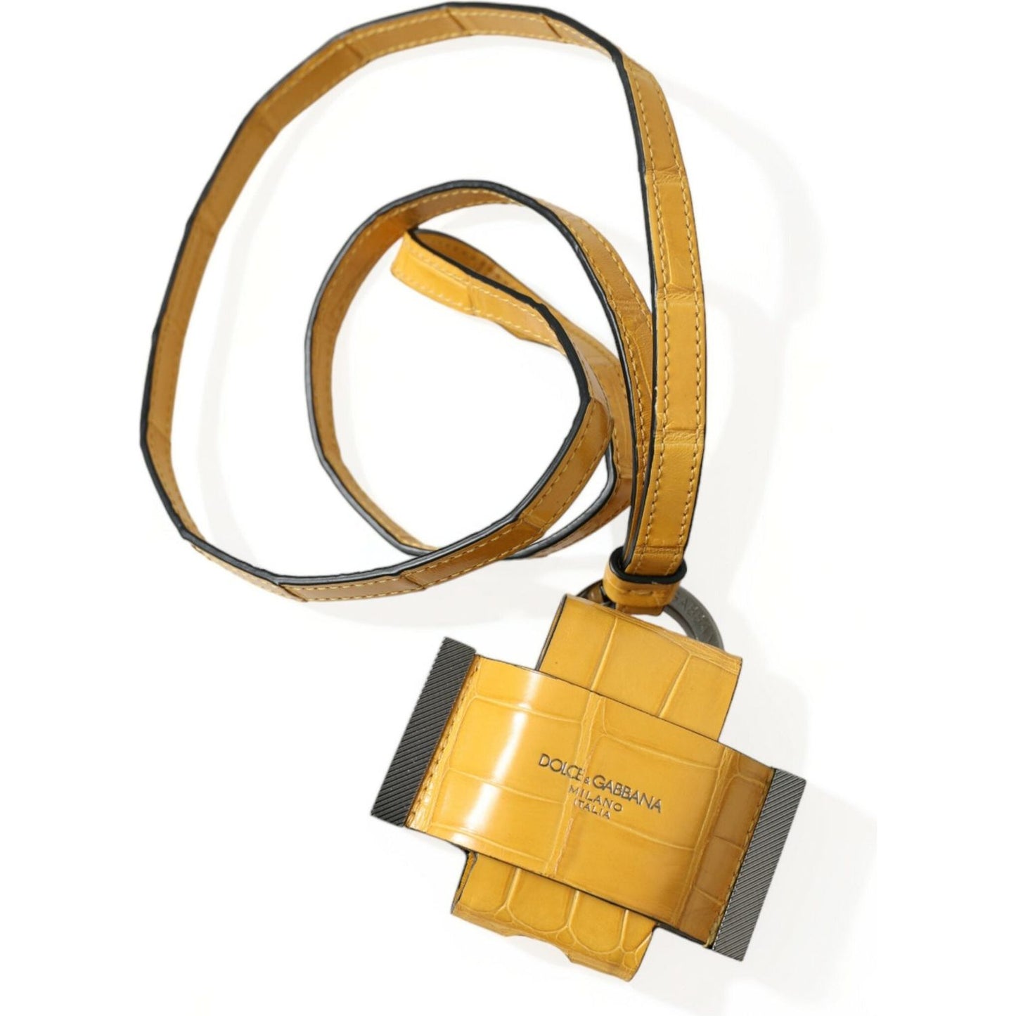 Dolce & Gabbana Yellow Crocodile Leather Logo Print Lanyard Keychain SMY101330