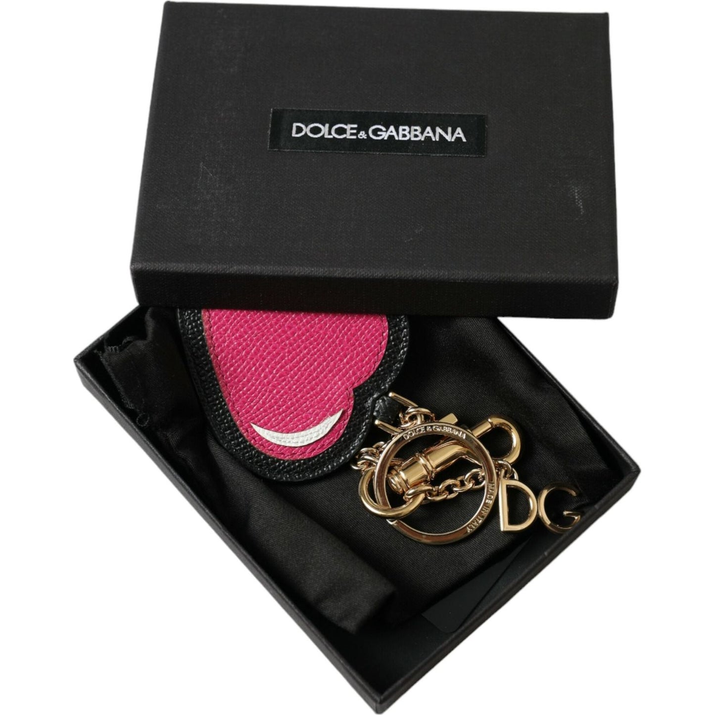 Dolce & Gabbana Pink Black Heart Leather Gold Tone Brass Keyring Keychain SMY101364