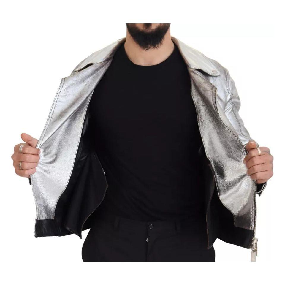 Dolce & Gabbana Silver Leather Biker Coat Lambskin Jacket JKT3461-48