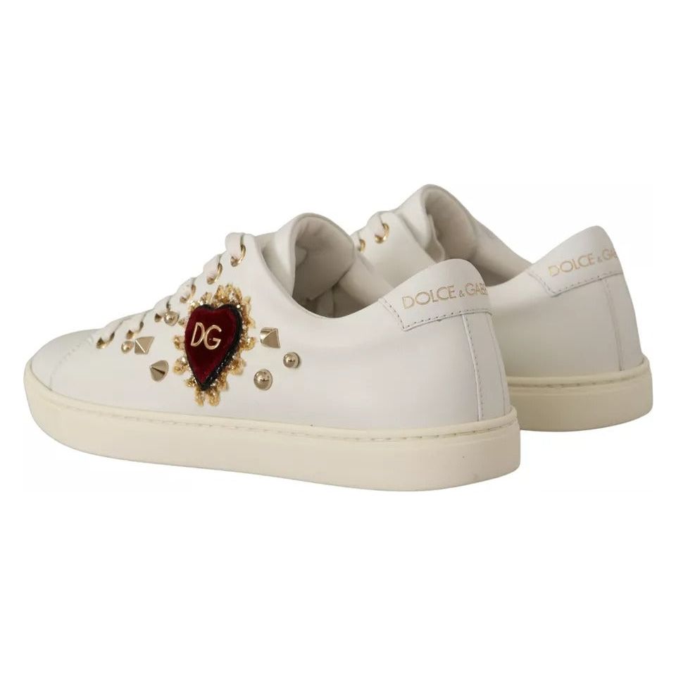 Dolce & Gabbana White Leather Gold Red Heart Sneakers Shoes LA9896-35