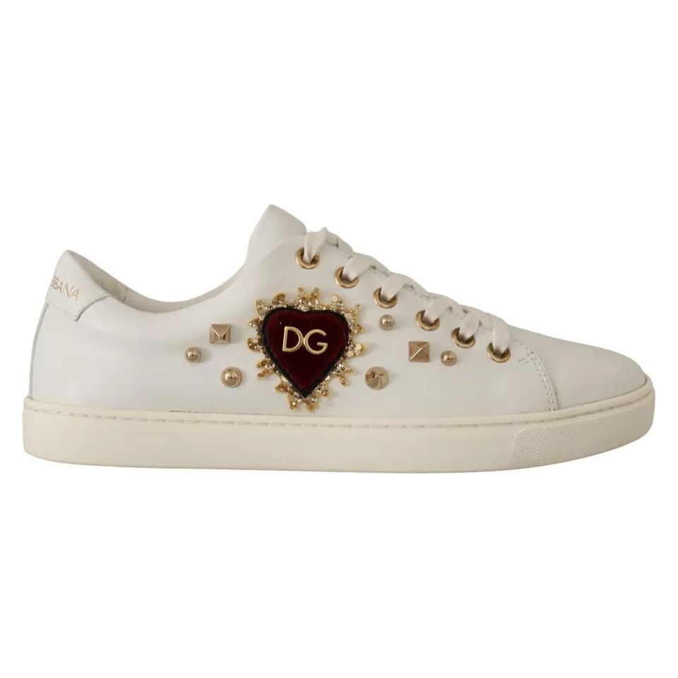 Dolce & Gabbana White Leather Gold Red Heart Sneakers Shoes LA9896-35