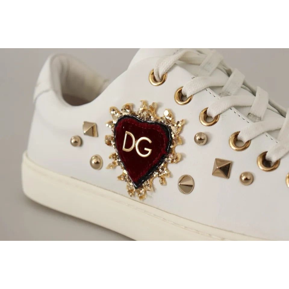 Dolce & Gabbana White Leather Gold Red Heart Sneakers Shoes LA9896-35
