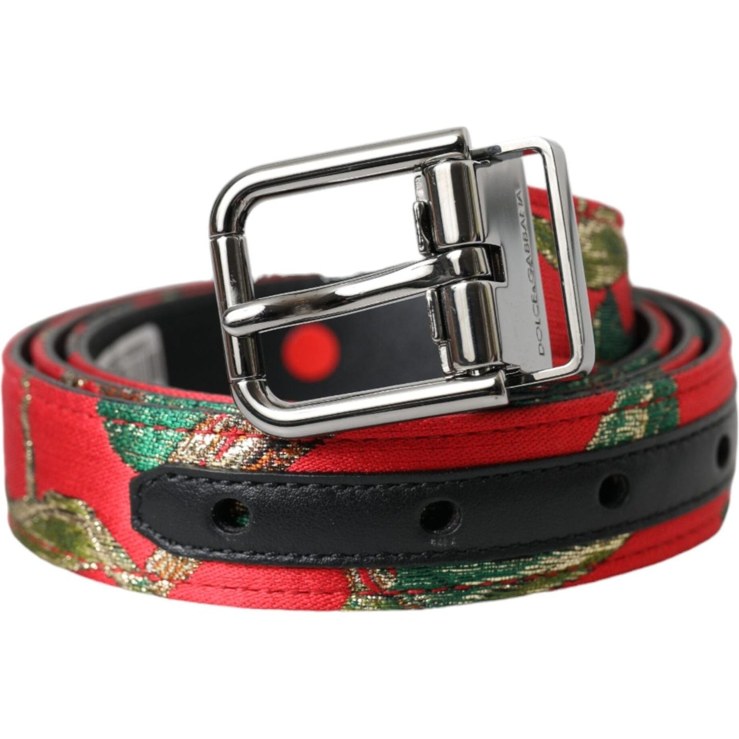 Dolce & Gabbana Red Leather Jacquard Silver Metal Buckle Belt BEL9221-90
