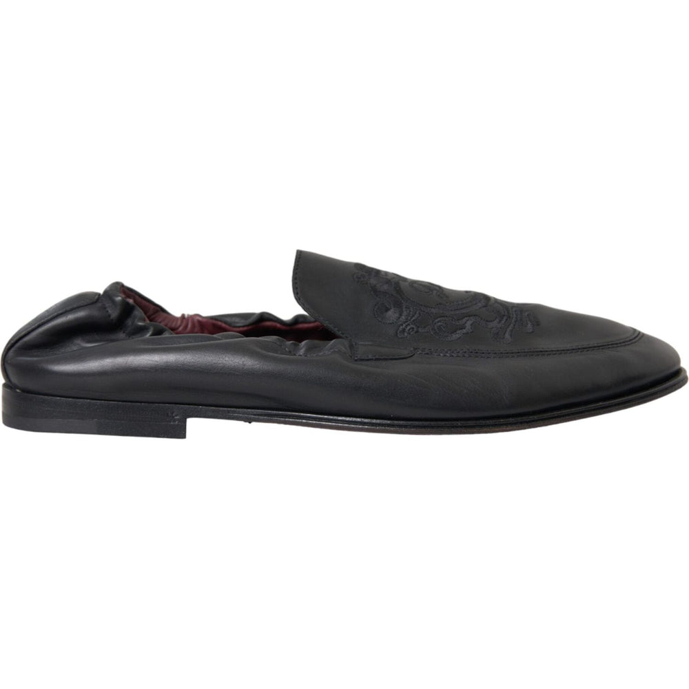 Dolce & Gabbana Black Logo Embroidered Leather Loafer Men Dress Shoes MV5649-39