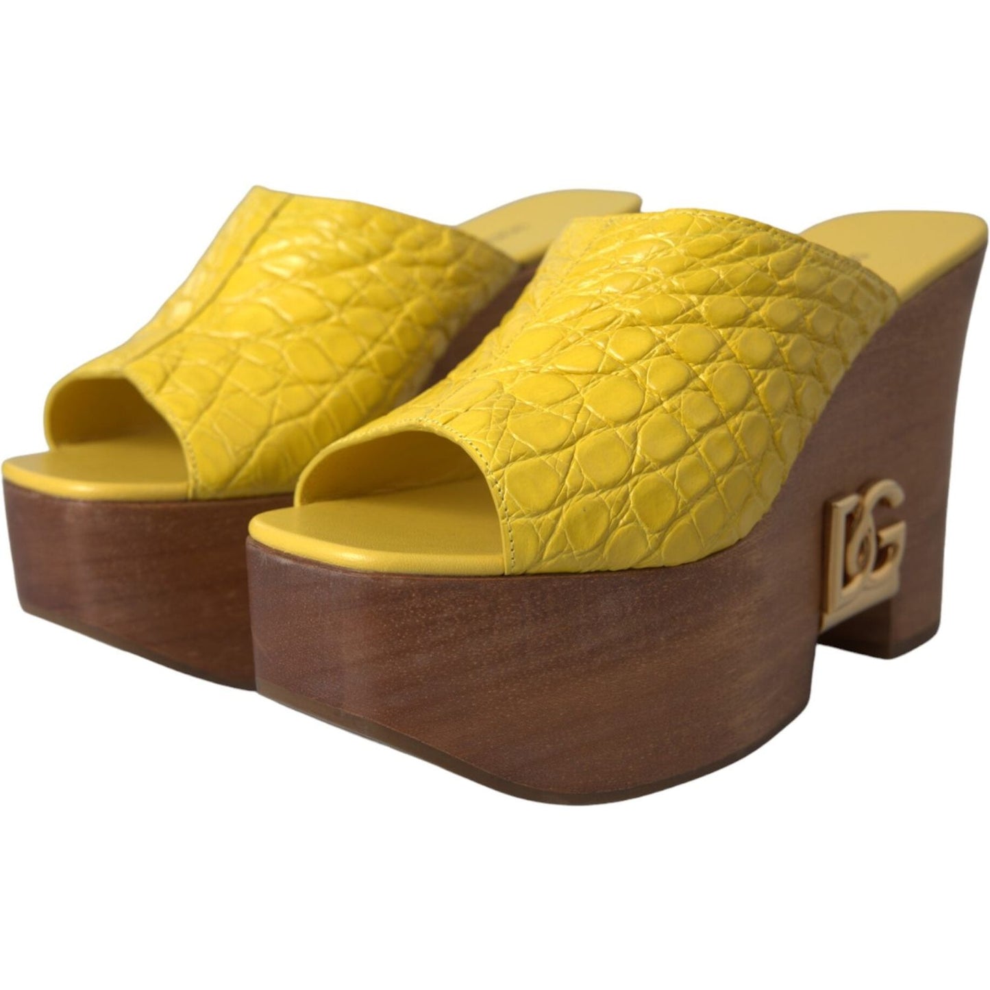 Dolce & Gabbana Yellow Leather Wood Mule Wedge Slides Shoes LA11014-39.5