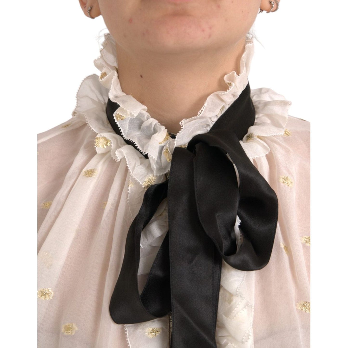 Dolce & Gabbana Off White Silk Blend Ascot Collar Blouse Top TSH851999-42