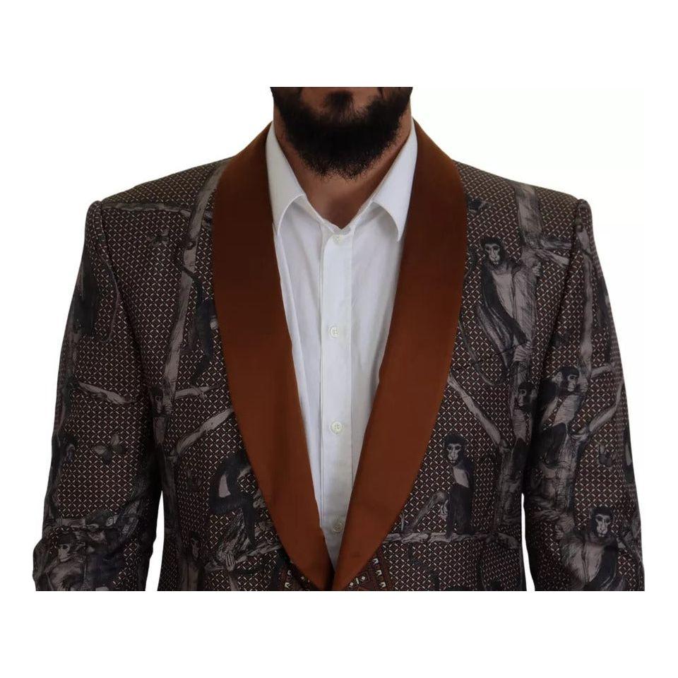 Dolce & Gabbana Bronze Monkey Print Silk Slim Jacket Blazer KOS2124-46