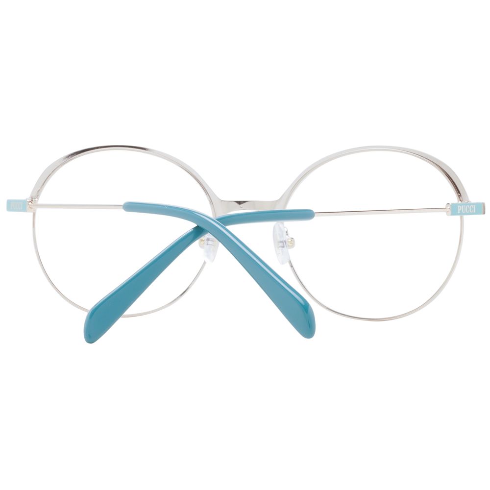 Emilio Pucci Turquoise Women Glasses Frame, metal full-rim with demo lenses and round style, includes branded case.