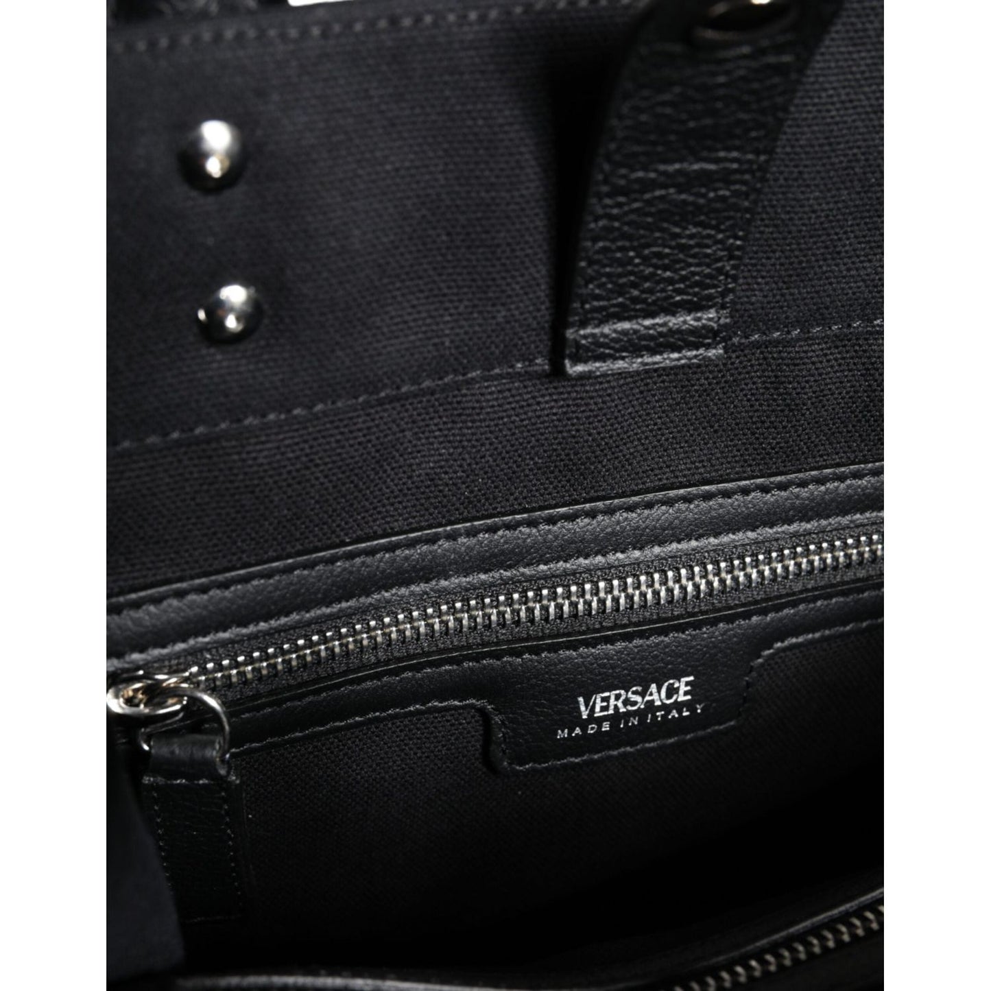 Versace Black Top Handle Canvas Leather Logo Crossbody Tote Bag BAG1594