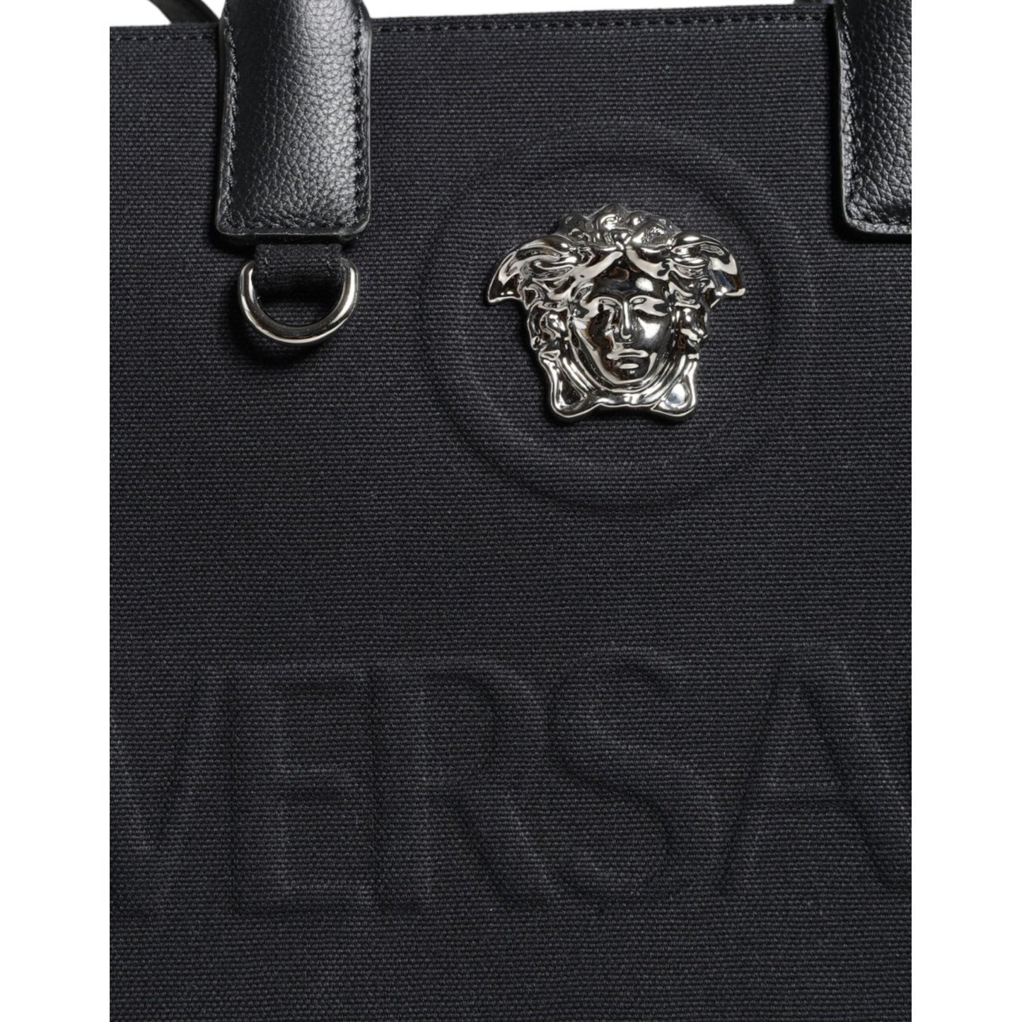 Versace Black Top Handle Canvas Leather Logo Crossbody Tote Bag BAG1594
