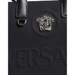 Versace Black Top Handle Canvas Leather Logo Crossbody Tote Bag BAG1594
