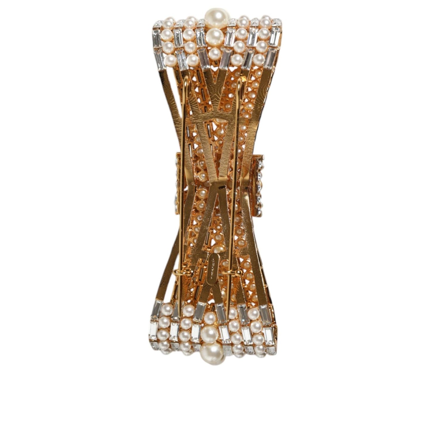 Dolce & Gabbana Gold Tone Brass Bow Crystal FauxPearl Embellished Brooch