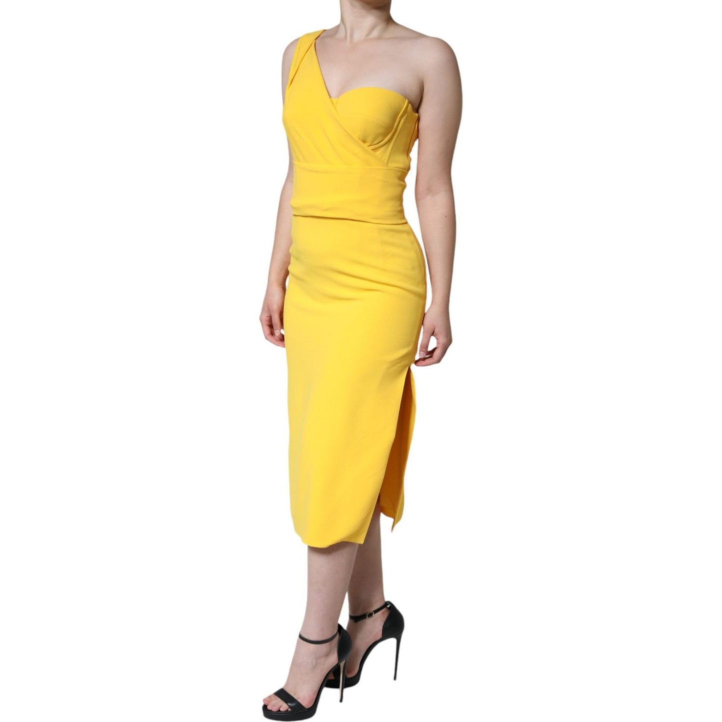 Dolce & Gabbana Yellow One Shoulder Side Slit Midi Dress DR281202-42